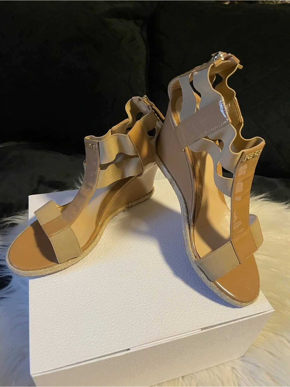 Fendi Beige Patent & Elastic Wedge Sandals Made in Italy 🇮🇹 Size 37.5